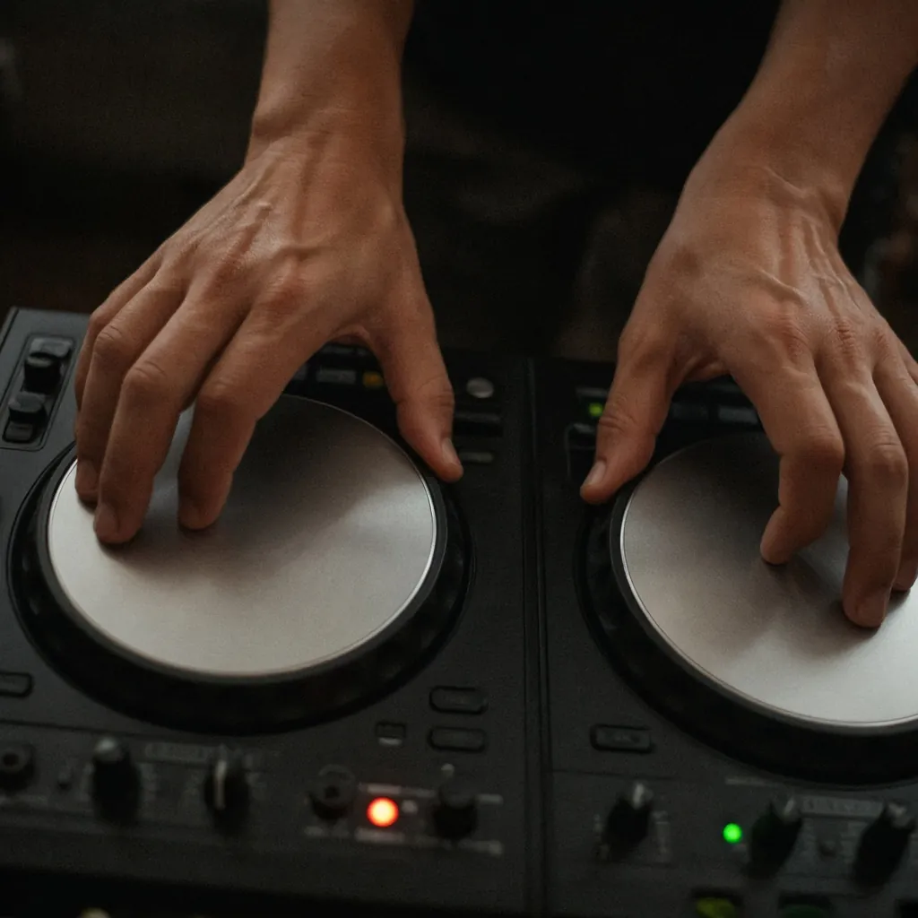 Mãos sobre os pratos de uma controladora de DJ. Imagem ilustrativa