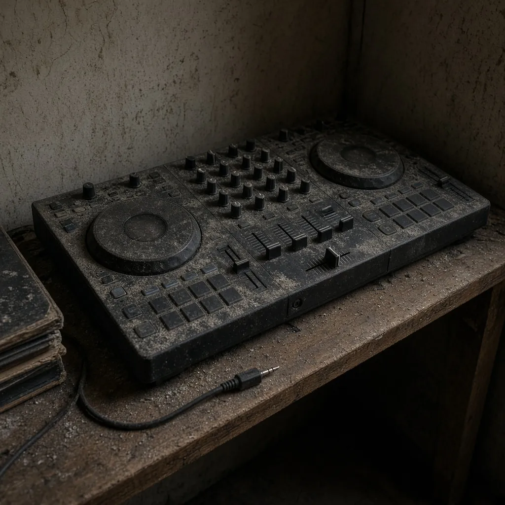 Controladora de DJ empoeirada numa prateleira. Imagem ilustrativa