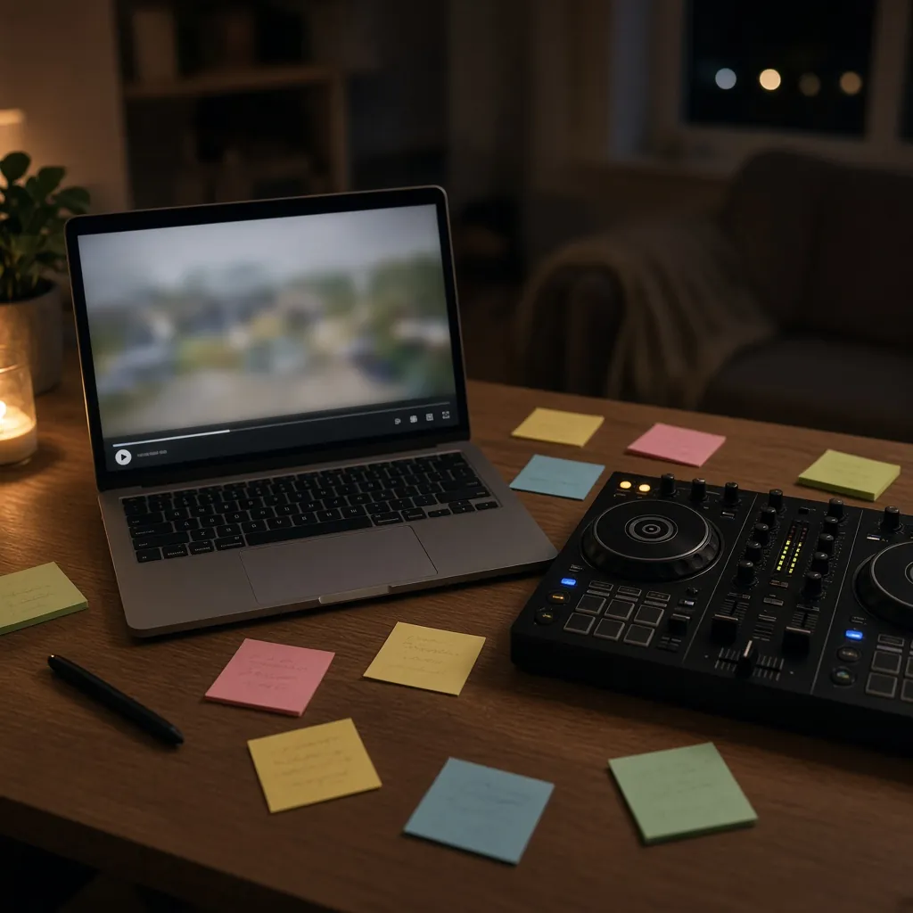 Notebook com vídeo desfocado ao lado de uma controladora e bilhetes coloridos. Imagem ilustrativa