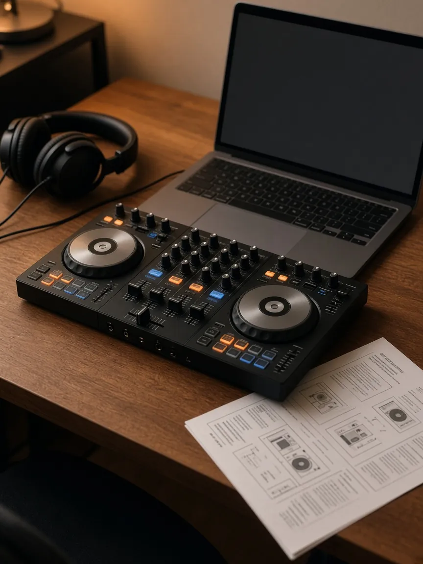 Controladora de DJ de entrada sobre uma mesa, com fone de ouvido, notebook e um guia impresso. Imagem ilustrativa