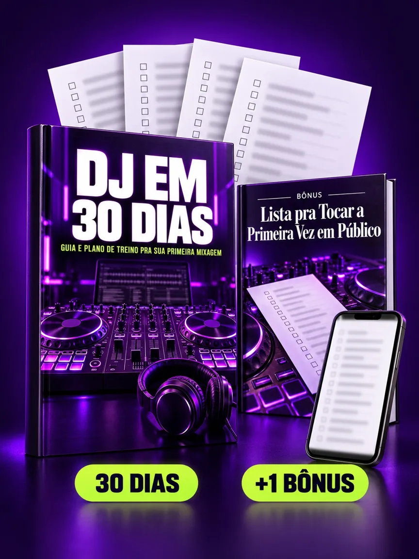 Montagem ilustrativa do DJ em 30 Dias: livro com a capa, páginas do material e celular e capas dos bônus