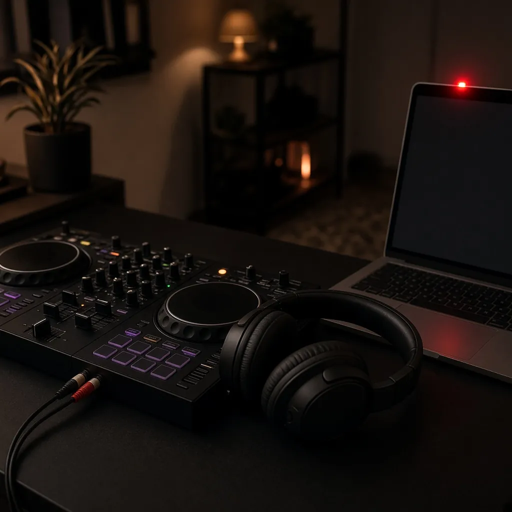 Controladora e fone de ouvido ao lado de um notebook com luz de gravação. Imagem ilustrativa