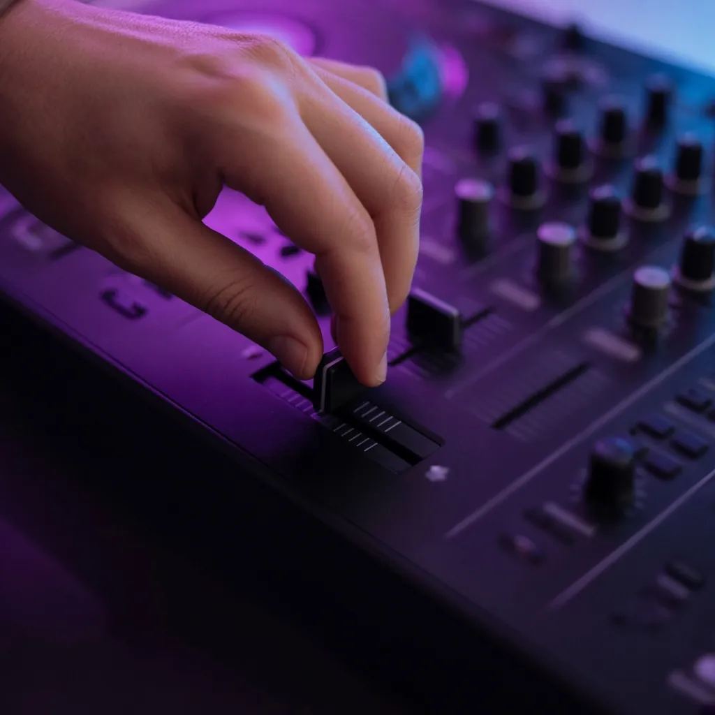 Mão movendo o crossfader de uma controladora. Imagem ilustrativa